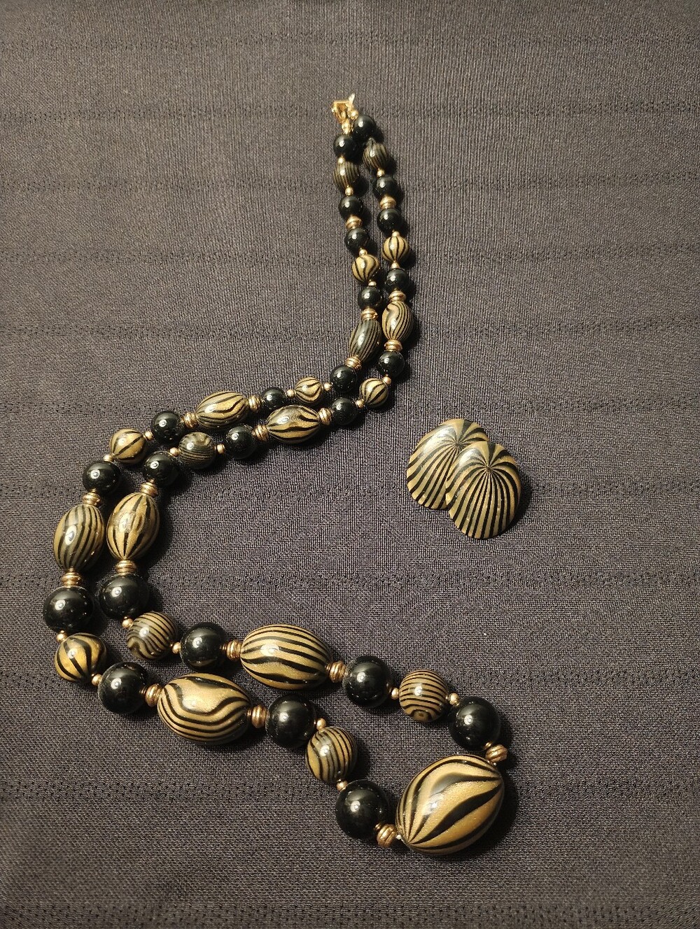 Vintage Black and Gold Striped Bead Necklace and Post Earrings - Women Jewelry